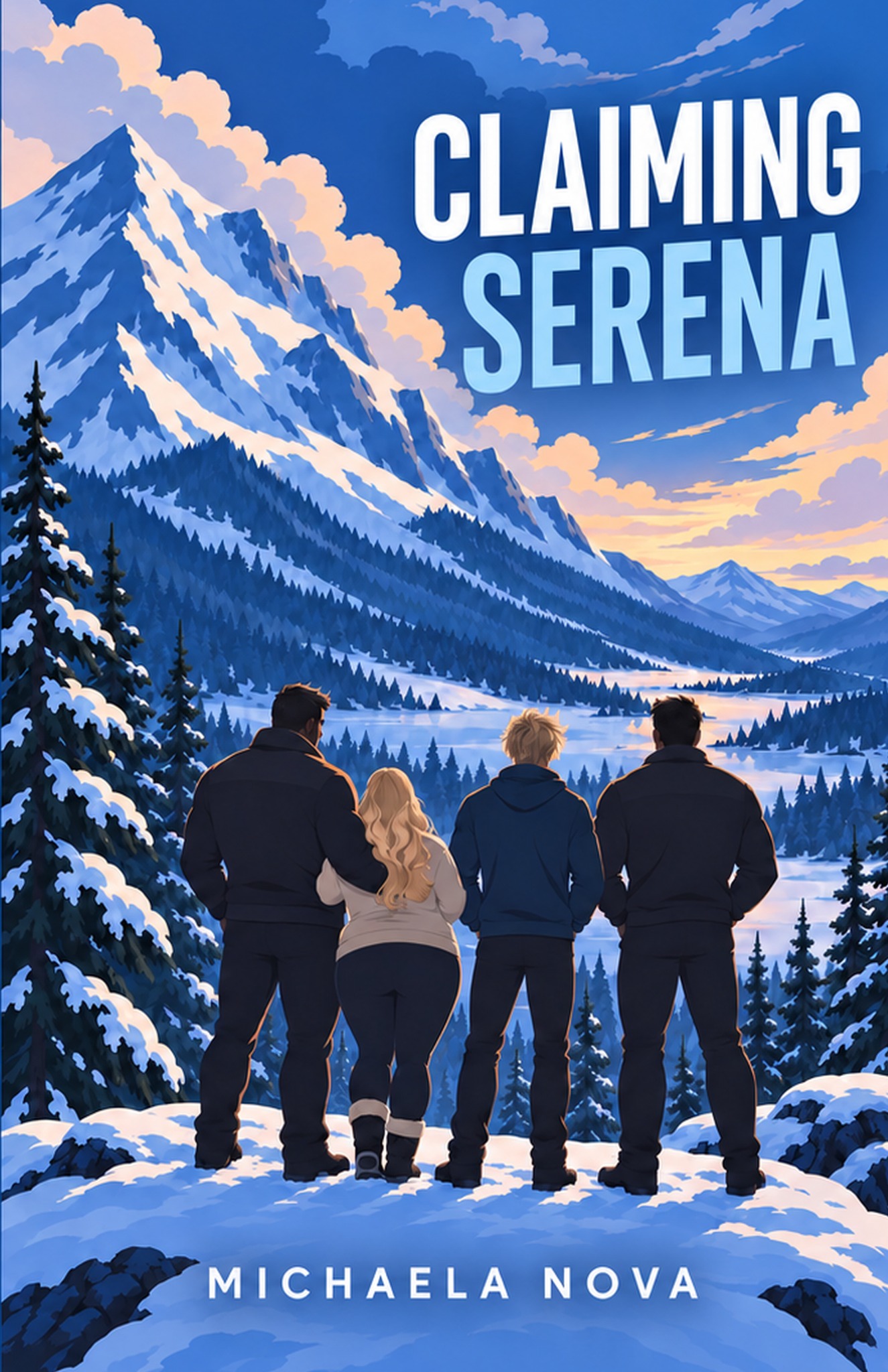 Claiming Serena by Michaela Nova: a woman and three men overlooking a snowy mountain landscape